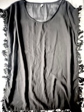 GD Key Sheer Black Tassel-Trim Swim Coverup